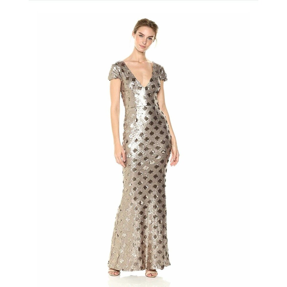 Dress The Population Lina Cap Sleeve Gold Sequin Gown Maxi Dress Feminine L